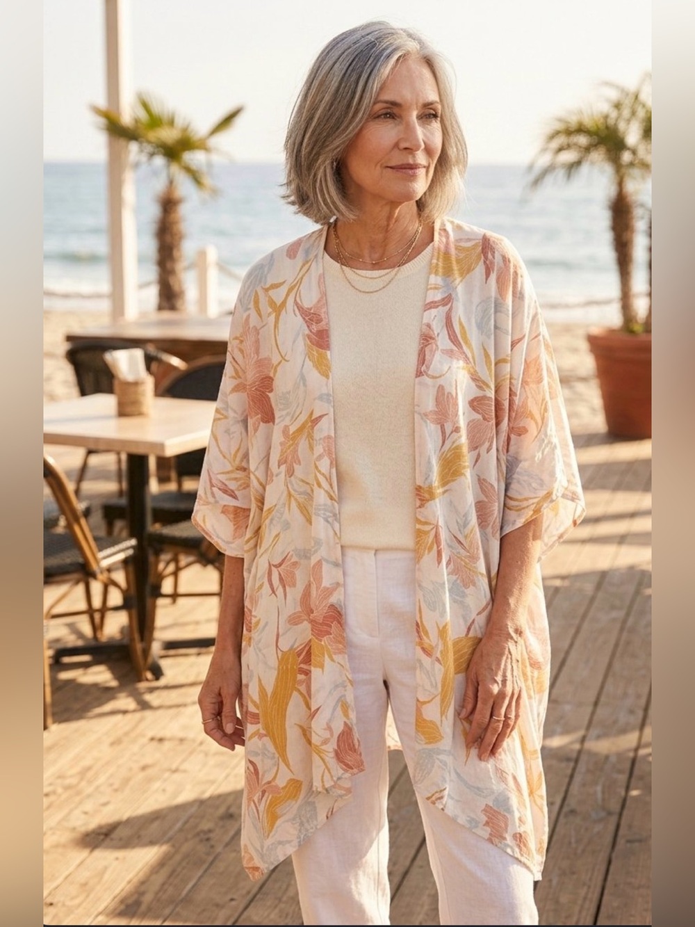 Cynthia Rowley Linen Kimono Cardigan One Size Floral Tropical Beach Cover Up OS